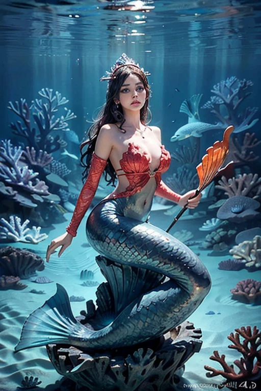 (Eternal Serenity:1.2), (mermaid queen:1.2), shimmering scales, iridescent hair, gem-encrusted trident, ((masterpiece:1.4, best quality)), ((masterpiece, best quality)), (photo realistic:1.4), 1mermaid, (regal figure), ((ultra detailed scales)), ancient sunken city, swim underwater, ((glossy skin, bioluminescent marine life, flowing hair, intricate ruins, precious gems)), ((coral-covered statues:1.2)), treasure chests, big black eyes, majestic, serene, gentle glow, underwater: 1.2, ethereal light, cinematic lighting, highest detailed, vibrant exotic fish, colorful coral, professional lighting, physically-based rendering, Shining jewelry, ((regal and elegant)), timeless beauty, colorful underwater paradise, Rich Detail, Perfect Image Quality