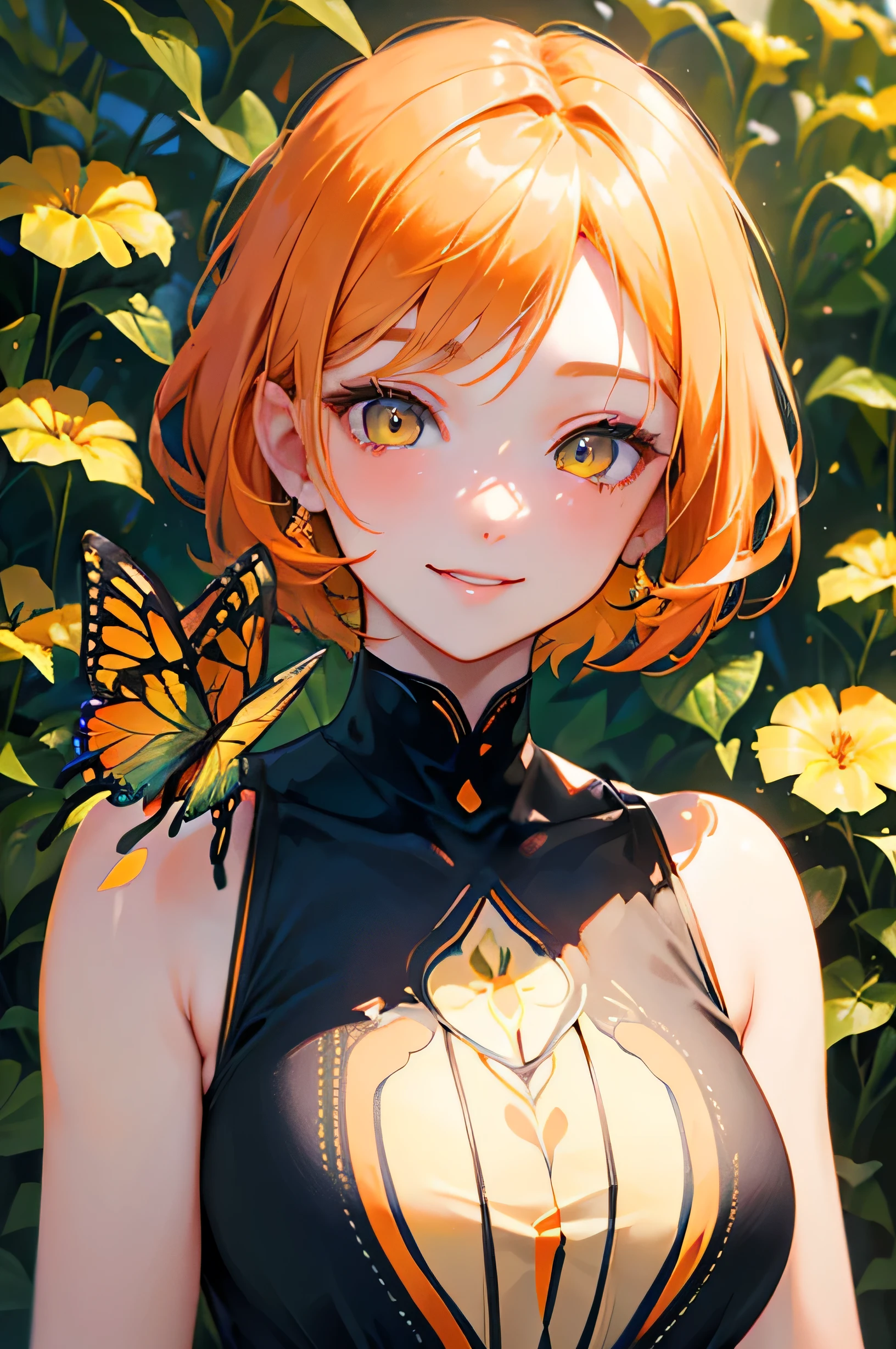 Beautiful adult woman、((Orange short hair))(Yellow Eyes))、Strong smile、Face close-up、Swallowtail butterfly fluttering