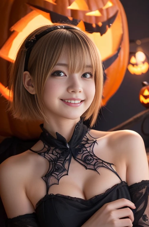 ((from below,upper body),a 25 year old girl, detailed cutie face, beautiful detailed eyes, detailed dropped eyes, beautiful charming smile, extremely detailed face,slender,short hair,anime style, halloween party:2.0), Hires.fix,colorful lights, pumpkin decorations, haunted house, best quality, 4k, highres, masterpiece, realistic, photorealistic, photo-realistic, vivid colors, intricate details, fantasy, soft lighting, magical