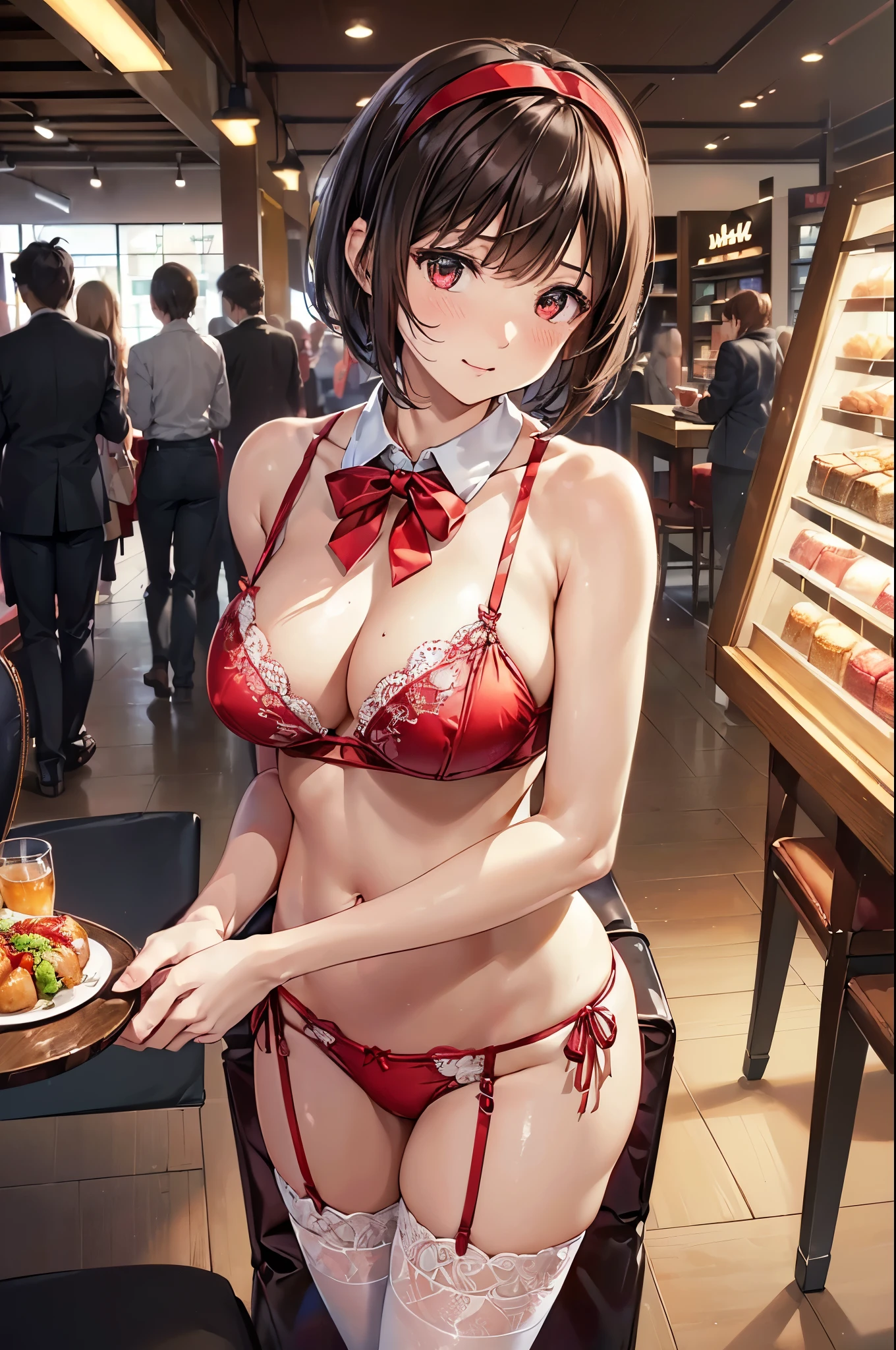 (((masterpiece, Highest quality, High resolution, 超High resolution, Perfect Pixel, Depth of written boundary, 4K, RTTX 10.0))), Beautiful Anime Woman, Beautiful art style, Anime characters, ((Smooth texture, Realistic texture, Anime CG Style)), Perfect and accurate finger count、Exact number of legs、(Exact number of arms:1.0, Exact number of hands:1.0), (Perfect hands, Perfect Anatomy), Cinematic, Realistic, Extremely detailed CG, Daytime lighting, Perfect lighting, Best Shadow, The best natural light, whole body, Perfect body, バランのとれたPerfect body, Perfectly balanced style, Slender body, ((bangs, Dark brown hair, Bobcut)), ((A cute adult woman is standing facing this way:1.8)), ((Bow tie around neck:1.3), (Sexy and stylish red underwear:1.3), (Stylish shiny red satin panties, Side-tie panties, Panties with plain red center and lace decoration on the sides:1.3), (Thin panties:1.3), (Red Micro Lace Satin Bra, Red bra with lace trim around the edges, Thin bra:1.3), (lace garter belt, Garter Strings, Knee socks:1.3):1.3), (Beautiful big boobs:1.1), (Embarrassed expression:1.7), blush, (Stylish restaurant, Many visitors in the background, Inside the crowded store, Tables and chairs filled with male customers, Many men sitting at tables and chairs, The attention men are giving her:1.7), naked, In underwear, (White large ruffled headband:1.3), Angle from the front, Nakaseko Kaori