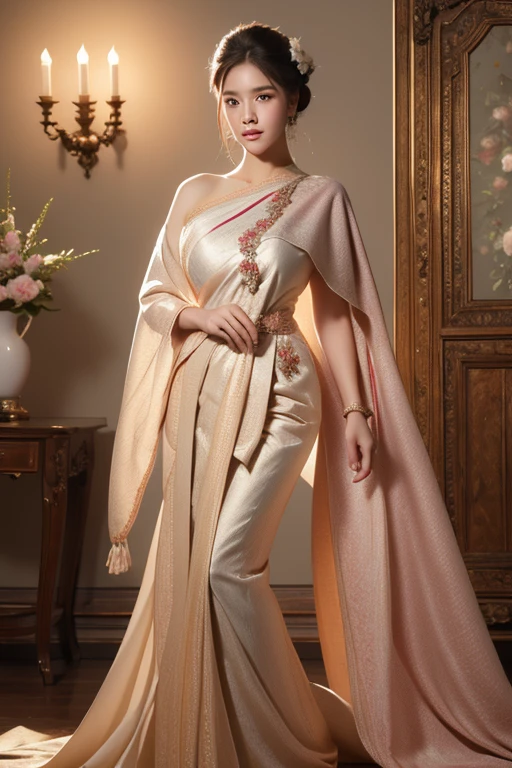 (raw photos:1.2), (realistic:1.4), (Masterpiece:1.3), (best quality:1.4), Ultra high resolution, (Detailed eyes), (Detailed facial features), (Detailed clothing features), HDR, 8K resolution, Focus only, Dressing according to Thai tradition, traditional shawl , 1 woman , Huge , A gigantic rift, Big brep clothes, big breast, fully growsts, small waist, Lo, Facing the audience, Full body, depth of field, Cinema-grade lighting,