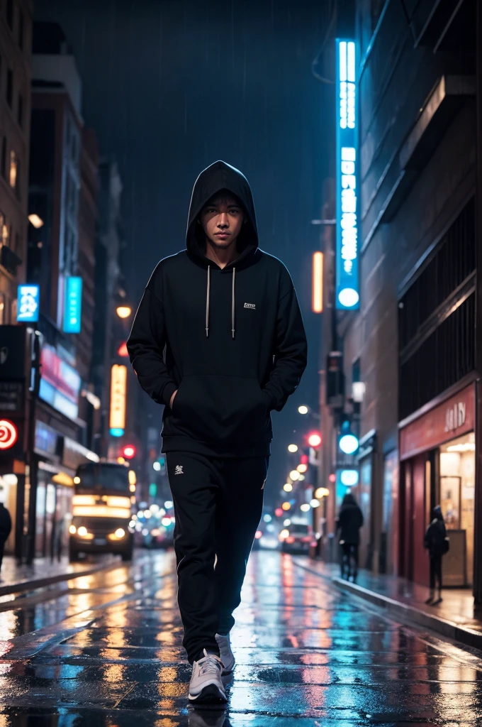 A man in a hoodie walking down a busy street in a rainy night