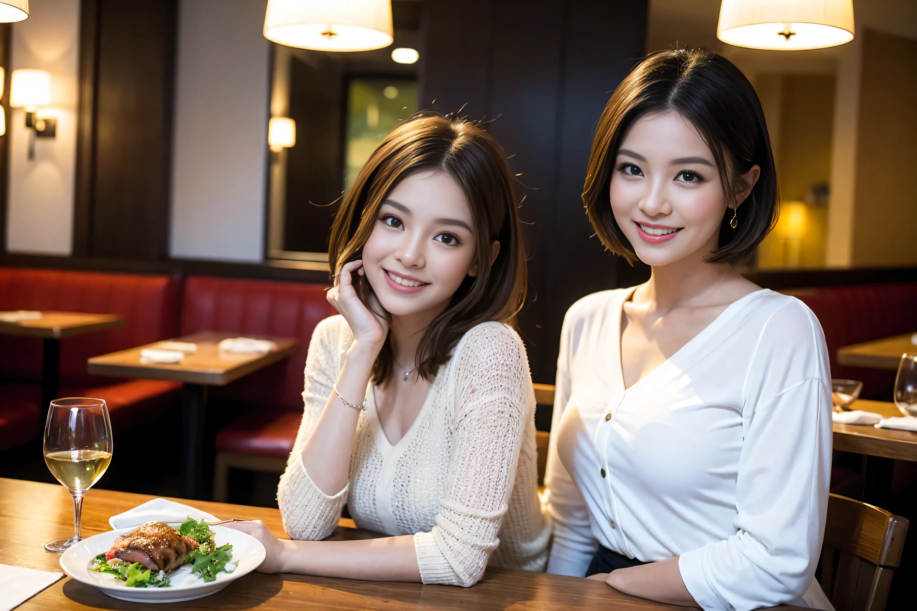 ((Highest quality、8k、masterpiece:1.3))、cute、Slim couple、Model Couple、Actress、(Realistic, Intricate details:1.2), full-course dinner、Wine Party、Amazing view of the sunset sky and clouds、A bright smile、short hair,Bright Face、 (45 years old), 42 years old, red wine 、Appetizers、Italian food、Wine bottle、Champagne、sparkling wine、Two beauties、Brown Hair、Shortcuts、Long sleeve shirt、dress、Beautiful woman 1, (Slim face), (The body is slim), (Brown Hair), (Shortcuts), cheeks turn a little red,Attractive beauty、restaurant, In a prominent place (From the waist up) Nova Frog Style, actress, model, Upper Body, White wine, slim, wine glass, A wine glass placed in the center, smile, (smile: 1.15), Beautiful fine grain, Depth f/2,saturation, High Contrast, Strong light and shadow,Moist Body:1.5、3D texture、Delicate eyes、Brown Hair、The hair is very shiny、