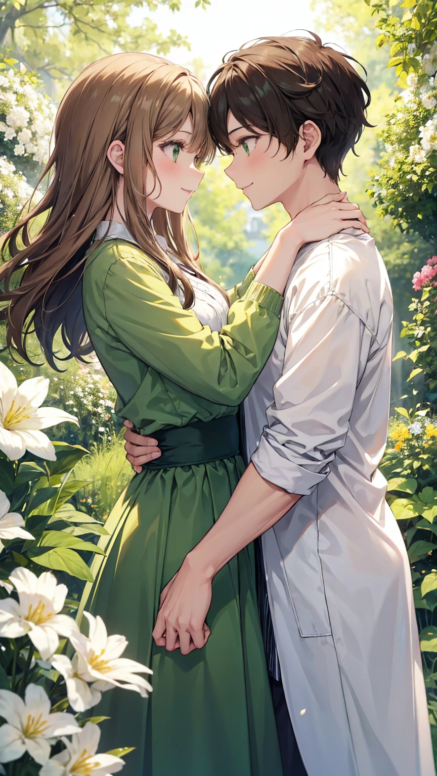 White skin woman, con  él  Brown Hair desordenado largo y ondulado y frente descubierta. Green Eyes, Wearing green and white casual clothes, Smiling tall man, Light brown skin, Brown eyes ,  Brown Hair , Wearing casual clothes. Smile at him with affection and tenderness, Profile and looking at each other., Green garden background and flowers anime style supporting the frame 