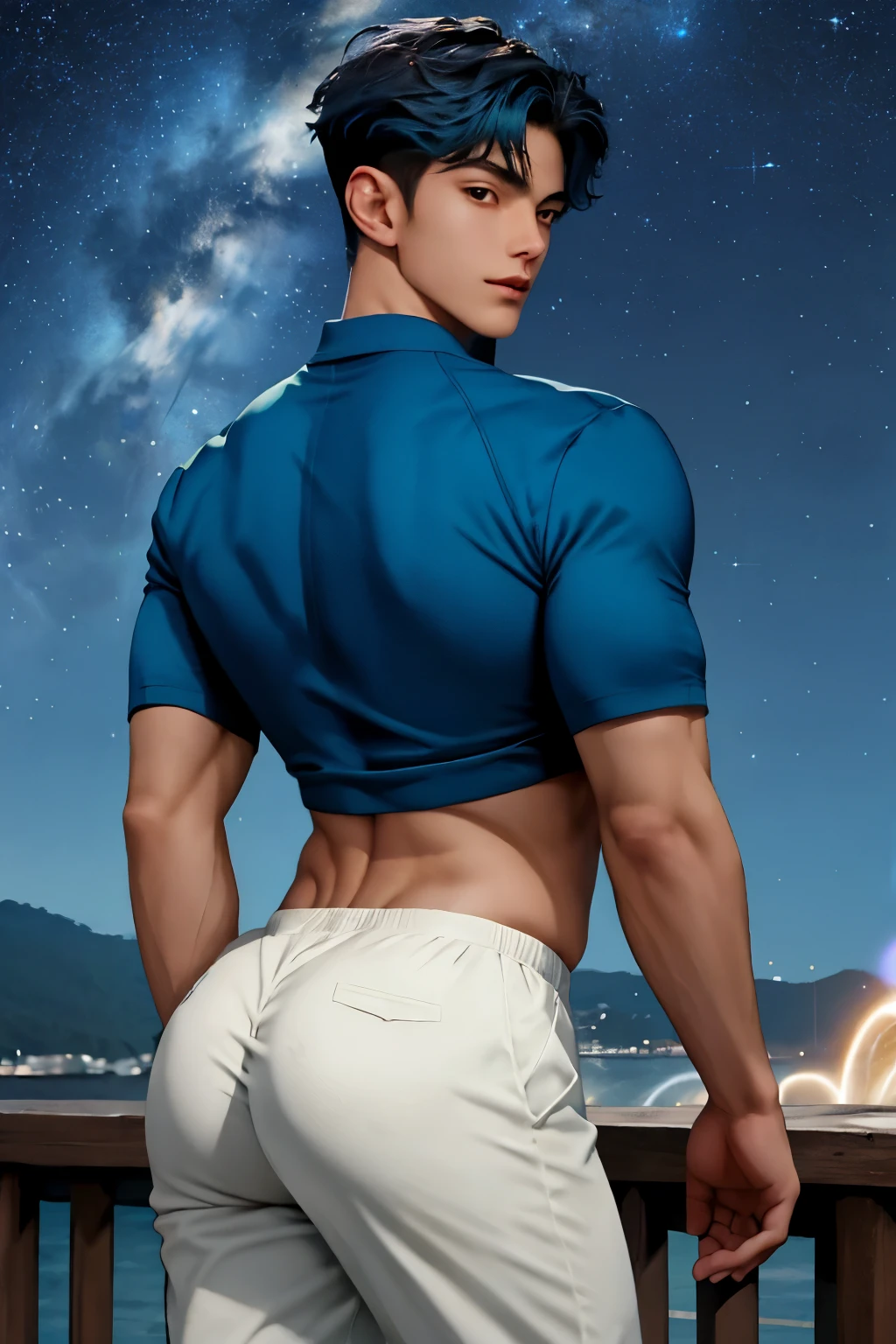 Un chico de 17 años de cabello corto como el Dios cosmic ancenstral en el centro del universo soteniendo un planeta, handsome and muscular, wearing only underwear, firm and round butt, detailed, 8k, fantasy, unreal, cosmic, magic, only man