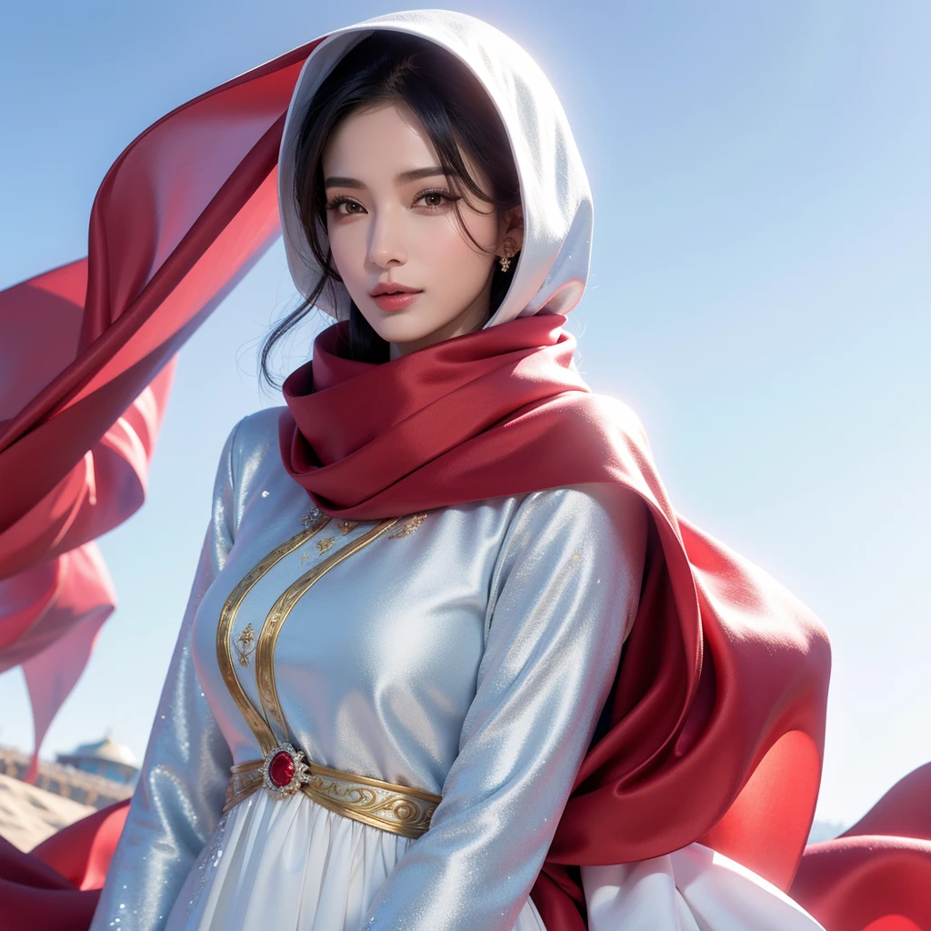 arafed woman in a white and gold dress and a red scarf, a picture inspired by Nazmi Ziya Güran, shutterstock, hurufiyya, beautiful oriental woman, white hijab, wonderful, wearing a luxurious silk cloak, portrait shot, traditional beauty, captured on canon eos r 6, arabian beauty, beautiful arab woman, gorgeous lady