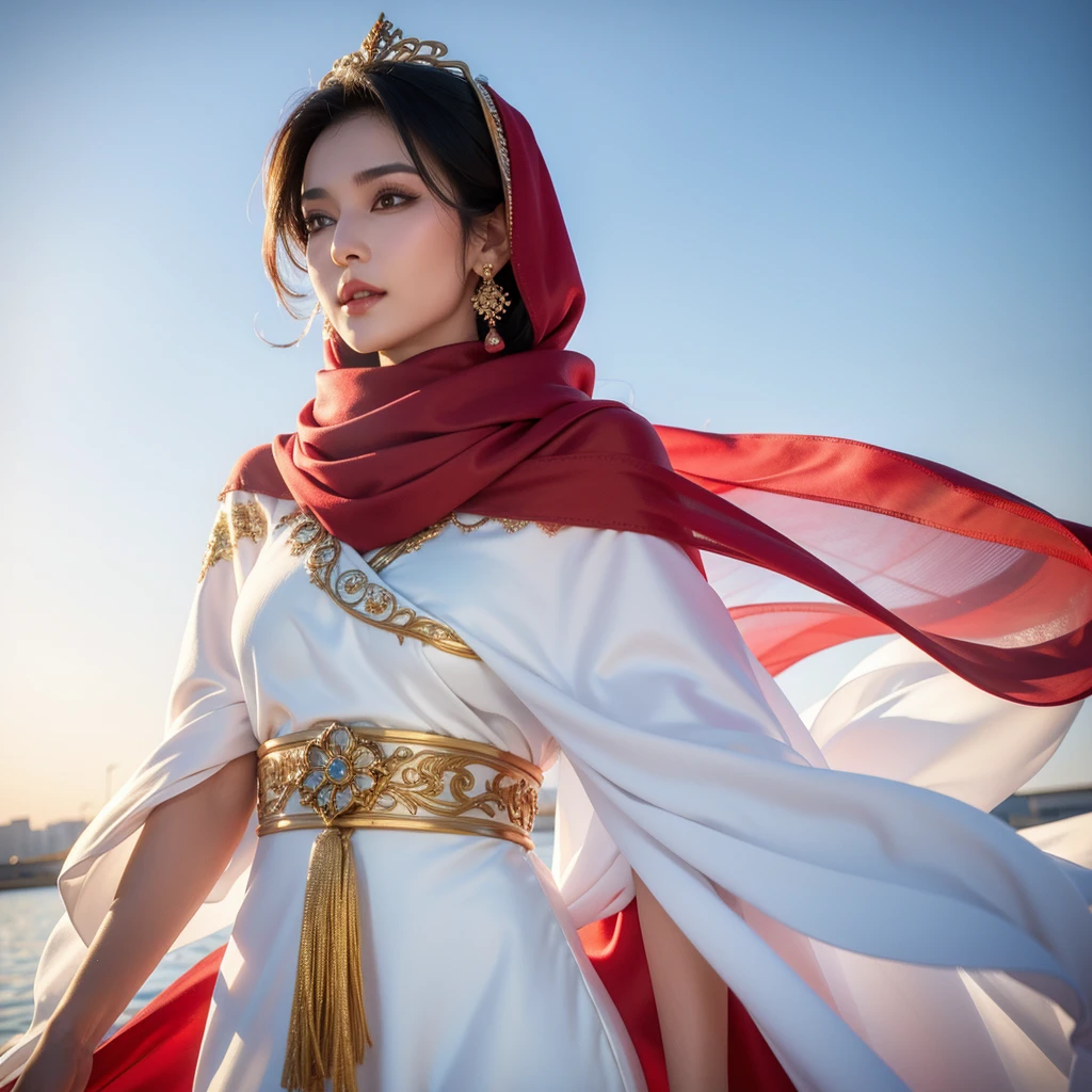 arafed woman in a white and gold dress and a red scarf, a picture inspired by Nazmi Ziya Güran, shutterstock, hurufiyya, beautiful oriental woman, white hijab, wonderful, wearing a luxurious silk cloak, portrait shot, traditional beauty, captured on canon eos r 6, arabian beauty, beautiful arab woman, gorgeous lady