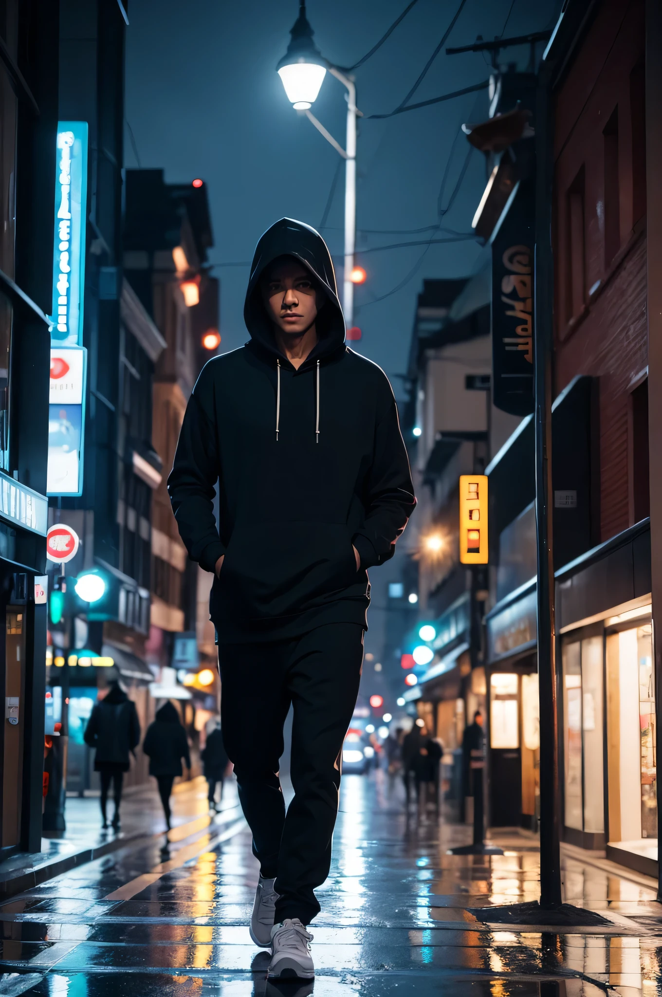 A man in a hoodie walking down a busy street in a rainy night
