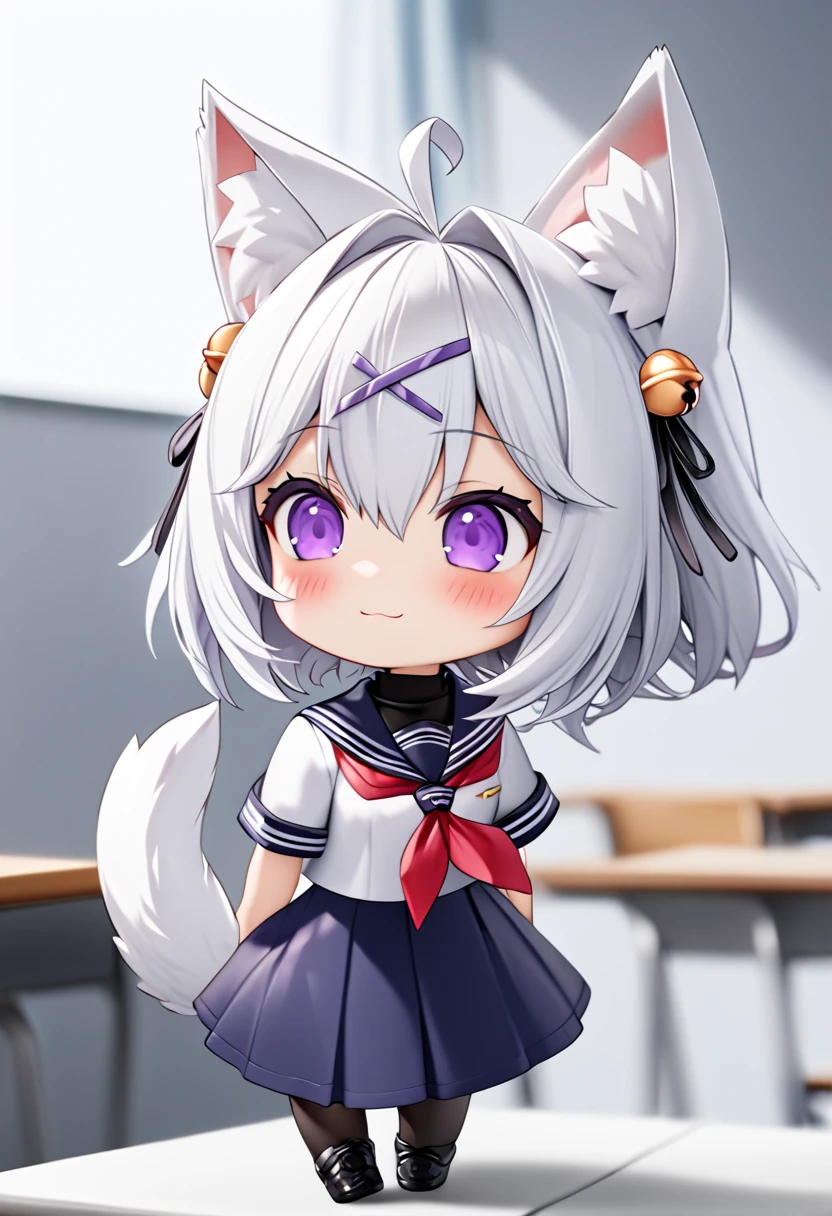 master piece, best quality, ultra-detailed, illustration, 1girl, solo, chibi, (big head), cute pose, Filiansailor, ((purple hairclip)), hair bell white hair, short hair, cat ears, ahoge, purple eyes, blush, smiling, fluffy tail, serafuku, black turtleneck, short sleeve, red neckerchief, blue skirt, black stockings, black shoes, nendoroid, ((classroom background)),