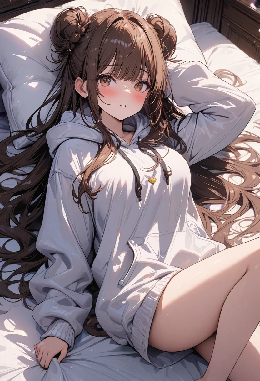 (masterpiece), best quality, very aesthetic, newest, absurdres, detailed, high quality
BREAK
highest quality, top quality, details, highres, ultra fine painting, digital art, official art, splash art, cinematic, 4k, 8k resolution, 8K CG wallpaper, original artwork, detailed background, High Dynamic Range, lens flare, blurry background, Starburst effects, crepuscular rays, good ISO, high resolution, wide shot, from far away, POV, sharp focus, light reflection, reflections, intricate details, soft light, particle noise, professional photography, bokeh, depth of field, studio lighting, vibrant colors, detailed lights and shadows, stylish, ultra-detailed, top rated on Pixiv, trending on Artstation, niji style, master crafted, pose
BREAK
solo, (close up), from above, 1girl, pale skin, correct fingers, detailed hand, (big toned :1.2), big thighs, small torso, short body, flushtered, blush, anxious expression, embarassed, embarassed act, casual, slim, ((cute, childlice):1.3), nice body, nice hips, brown hair, (very long flowing hair, 2 buns hairstyle), long bangs, long hair, middle hair bangs, brown eyes
BREAK
((oversized hoodie), one-piece hoodie, comfortable vibe, modest, full body shot)
BREAK
(Full bed sheets background, (the subject is in a laying down position on the bed with her head placed on a pillow)), messy bedsheets, pillows