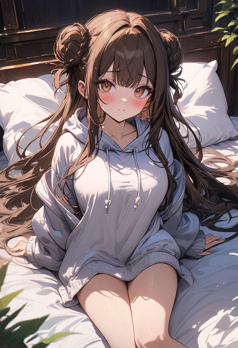 (masterpiece), best quality, very aesthetic, newest, absurdres, detailed, high quality
BREAK
highest quality, top quality, details, highres, ultra fine painting, digital art, official art, splash art, cinematic, 4k, 8k resolution, 8K CG wallpaper, original artwork, detailed background, High Dynamic Range, lens flare, blurry background, Starburst effects, crepuscular rays, good ISO, high resolution, wide shot, from far away, POV, sharp focus, light reflection, reflections, intricate details, soft light, particle noise, professional photography, bokeh, depth of field, studio lighting, vibrant colors, detailed lights and shadows, stylish, ultra-detailed, top rated on Pixiv, trending on Artstation, niji style, master crafted, pose
BREAK
solo, (close up), from above, 1girl, pale skin, correct fingers, detailed hand, (big toned breasts:1.2), big thighs, small torso, short body, flushtered, blush, anxious expression, embarassed, embarassed act, casual, slim, ((cute, childlike face):1.3), nice body, nice hips, brown hair, (very long flowing hair, 2 buns hairstyle), long bangs, long hair, middle hair bangs, brown eyes
BREAK
(visible body curves and indentation, (a one-piece oversized hoodie), comfortable vibe) 
BREAK
((Full bed sheets background, the subject is in a laying down position on the bed with her head placed on a pillow)), messy bedsheets, pillows