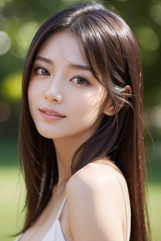 ((8k,masterpiece, Highest quality, High resolution)), 1 girl, (Realistic: 1.4), (masterpiece, Highest quality:1.1), (8k, RAW Photos, Realistic:1.2, f22),(Similar to Nakamura Ichiyo:1.8)Mouth closed, smile, clean chestnut hair,Long Hair、 Big eyes, Transparent double eyelids, eyelash, Listen carefully, Absolute area, ((Face close-up)), (Draw the whole body), 30 years old, Attractive proportions, Glowing Skin, Beautiful clavicle, Golden ratio face, Perfect Face, Teardrop-shaped mole, Large Breasts, Small face, All the heads are painted, 肩 all drawn, Look forward and look at the camera、From the buttocks up、OL,(A little purple 1:0.1)