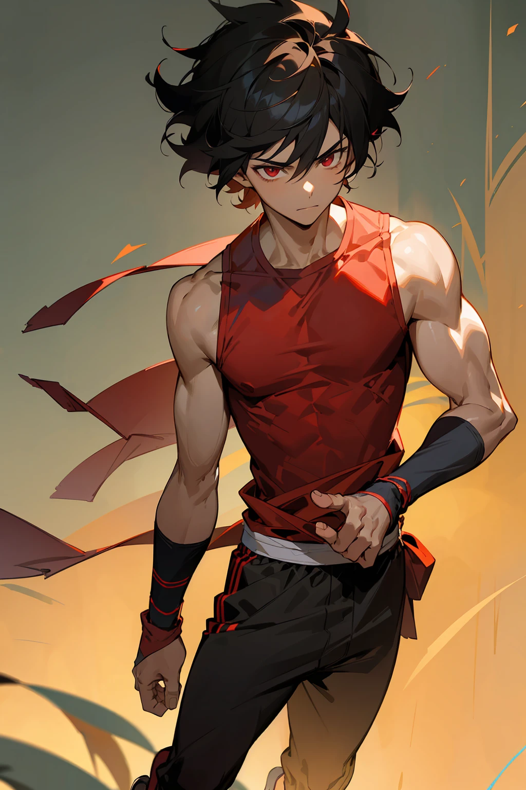 1male, male focus, age 18, teenager, muscle, muscular, short messy hair, black hair, crimson red eyes, calm expression, sleeveless shirt, jogger pants, ((hand wraps,)) sandals, dark skin, hands to side, forest, detailed background, detailed face, facing viewer, standing still