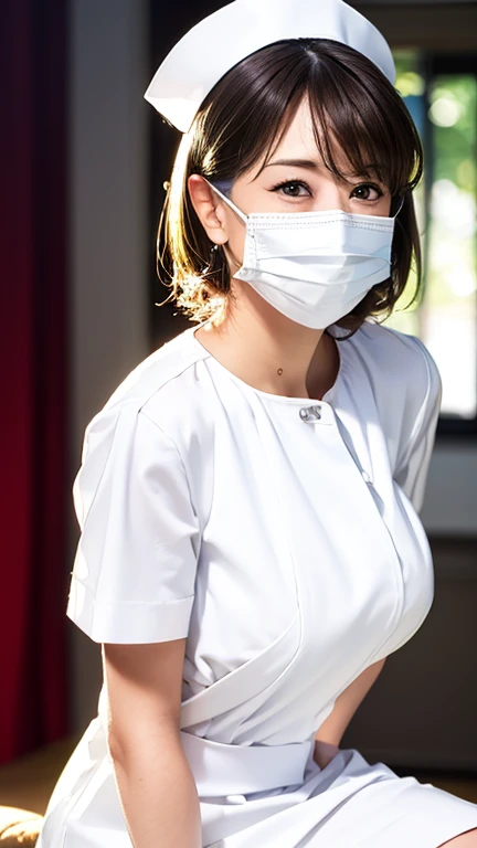 1 girl,(Wearing white nurse clothes:1.2),(RAW photo, highest quality), (realistic, photo-realistic:1.4), masterpiece, very delicate and beautiful, very detailed, 2k wallpaper, wonderful, finely, very detailed CG unity 8k wallpaper, Super detailed, High resolution, soft light, beautiful detailed girl, very detailed eyes and face, beautifully detailed nose, finely beautiful eyes, nurse, perfect anatomy, black hair, low ponytail style, nurse uniform, ((mask)), thin, hospital, clear, white uniform, hospital room,