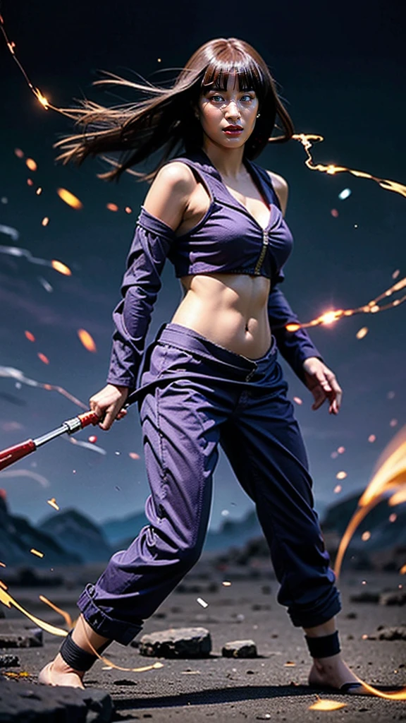 Moisturized skin, (gradient eyes), realistic body, (adult female body), lively, (16 years old), (girl), crop top,
BREAK,
bright red lipstick, (beautiful navel), (purple hair), beautiful hair, (straight bangs: 1.3), (long bangs at both ends),
BREAK,
((masterpiece + highest quality + high resolution + highly detailed)), (full body: 1.2), symmetrical, one shot,
BREAK,
(electric shock), (wind blowing), (blue electricity), (fighting stance: 1.4),
BREAK,
assassination, cut, kunai, fantastical, dynamic,