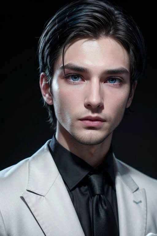 Create a man with dark, electric blue eyes, male short black hair, pink lips and high cheekbones. let it be high, with a slight growing beard and dominant aura, That he wears a suit and has white skin, that he is around 25 years old and has a defined jaw, and that he is masculine and wears a black suit..
