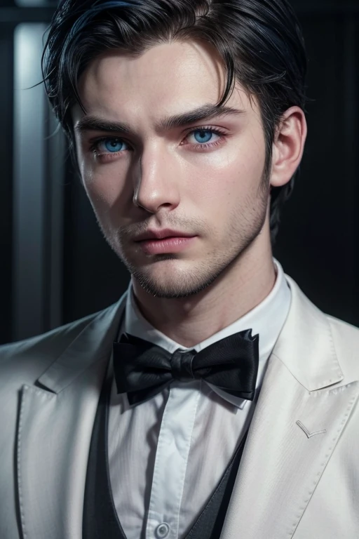 Create a man with dark, electric blue eyes, male short black hair, pink lips and high cheekbones. let it be high, with a slight growing beard and dominant aura, That he wears a suit and has white skin, that he is around 25 years old and has a defined jaw, and that he is masculine and wears a black suit..