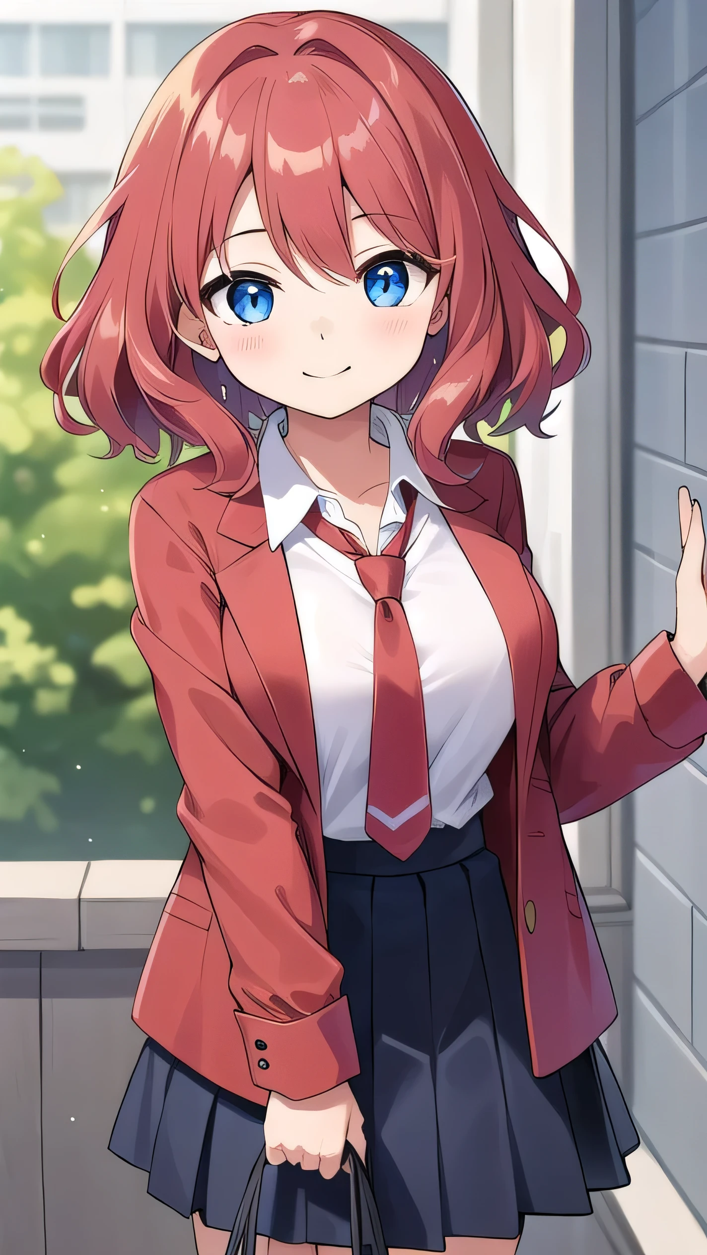 Big breasts, red hair, blue eyes, droopy eyes, red jacket, long sleeves, navy skirt, elementary school student, (super big breasts:1.1), (medium hair: 1.2), baggy clothes, elementary school student, young face, short height, , old, shy A shy guy, smiling a little, trying to open the buttons of his shirt, white shirt, red tie,(straight hair:1.2) , gentle smile, a little smile