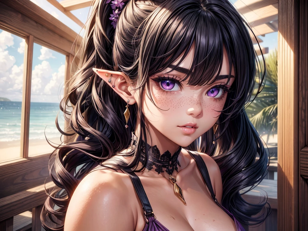 ((Best quality)), ((masterpiece)), (detailed: 1.3), beautiful woman, One girl, ((purple eyes)), Cinema Lighting, ((black hair, ponytail hairstyle, wavy hair, long bangs)), elf ears, earrings, piercing, tanned skin, pink short dress, large breasts, cleavage, open clothes, thick ass, choker, necklace, beach, sitting, bedroom, pink walls, very detailed eyes, very detailed hair, very detailed clothes, very detailed face, beautiful eyelashes, sultry eyes, juicy lips, soft blush, posing sexily, provocative, looking at viewer, in love with viewer, very expressive face, smooth skin, freckles, natural eyebrows