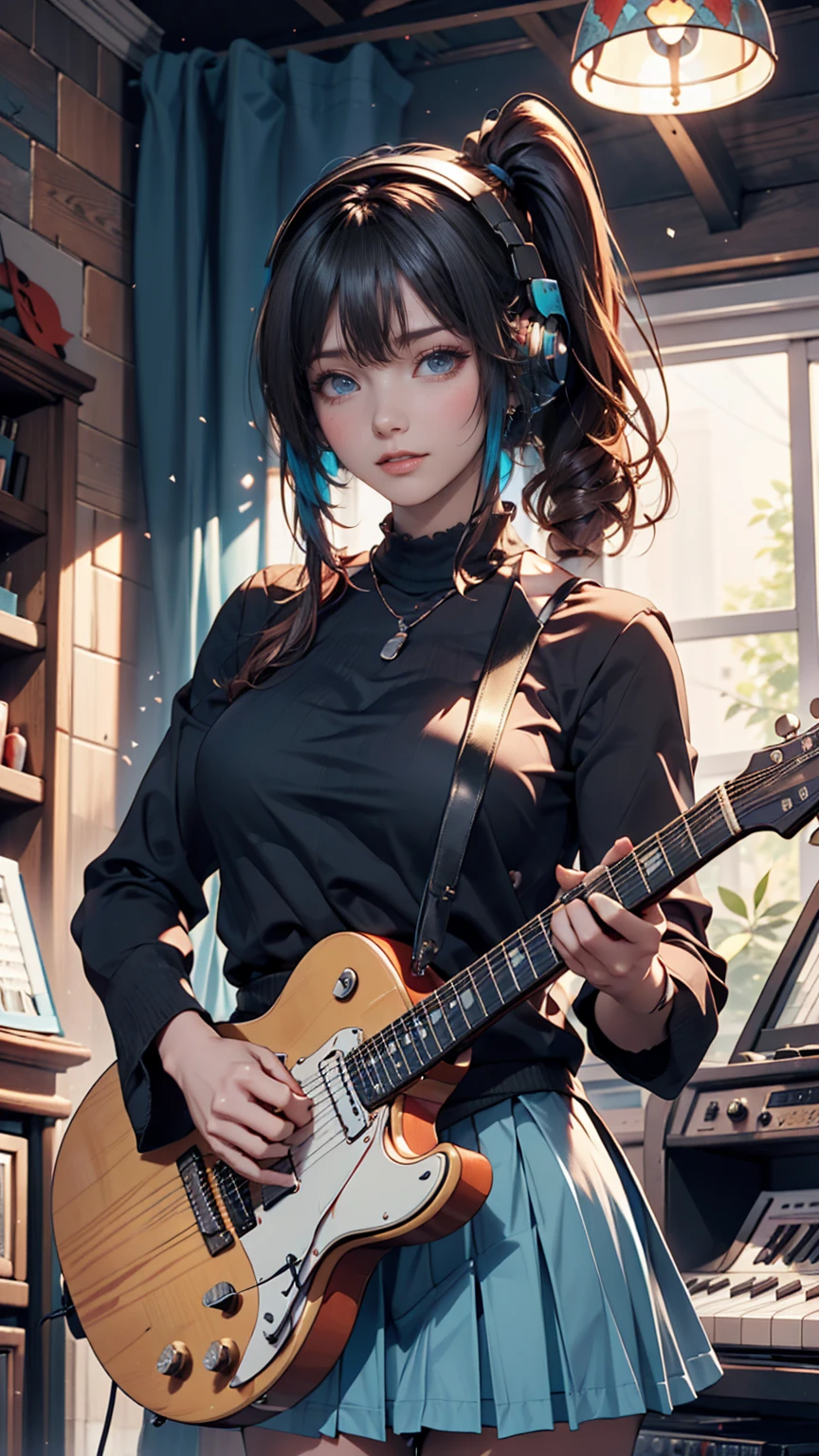 ((masterpiece, Highest quality))One girl, alone, Black Dress, blue eyes, electric guitar, guitar, Headphones, Double Ponytail, Holding, Holding plectrum, musical instrument, Long Hair, music, One side up, Turquoise Hair, Twin tails, guitarを弾く, Pleated skirt, Black Shirt, interior