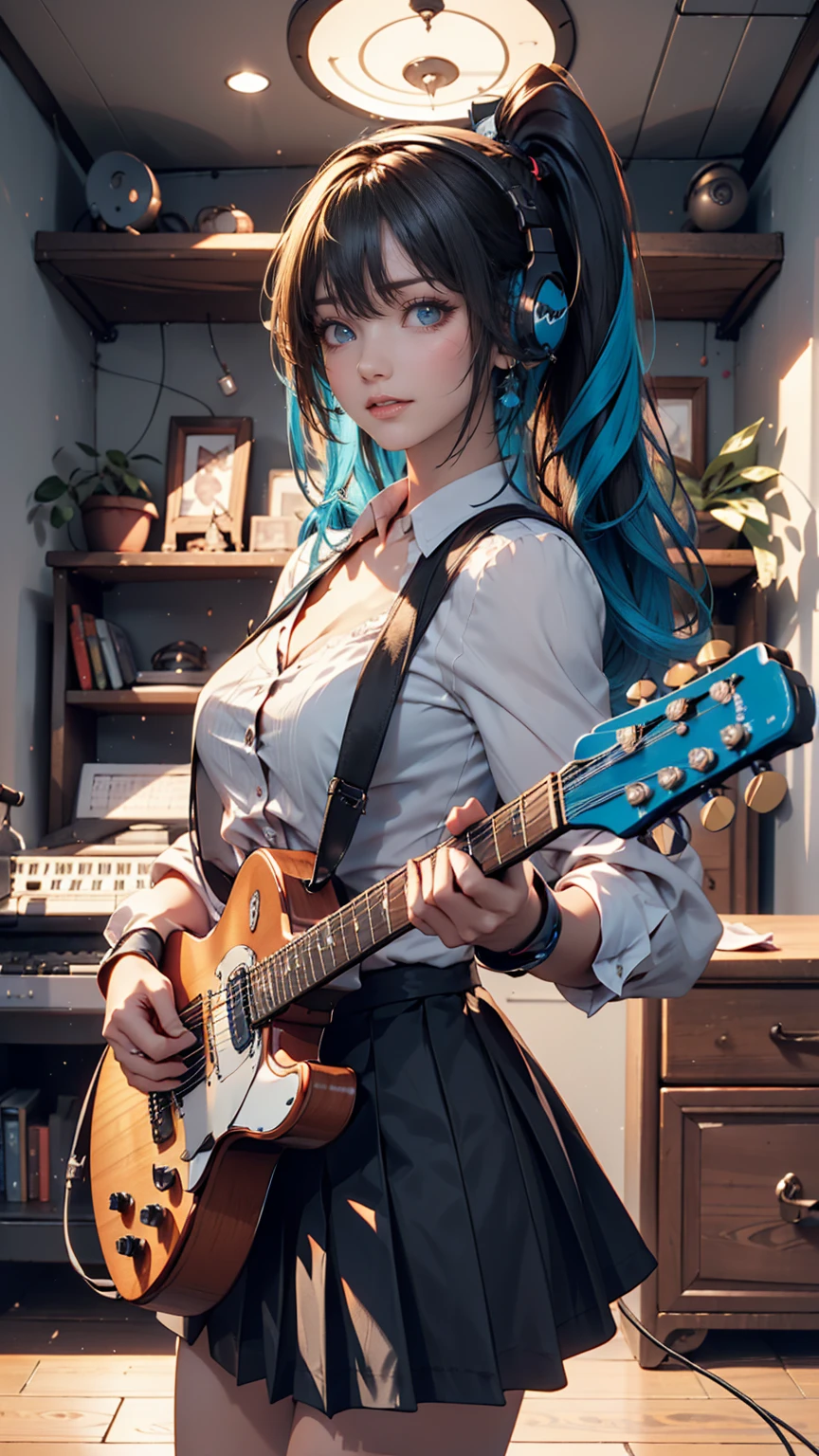 ((masterpiece, Highest quality))One girl, alone, Black Dress, blue eyes, electric guitar, guitar, Headphones, Double Ponytail, Holding, Holding plectrum, musical instrument, Long Hair, music, One side up, Turquoise Hair, Twin tails, guitarを弾く, Pleated skirt, Black Shirt, interior