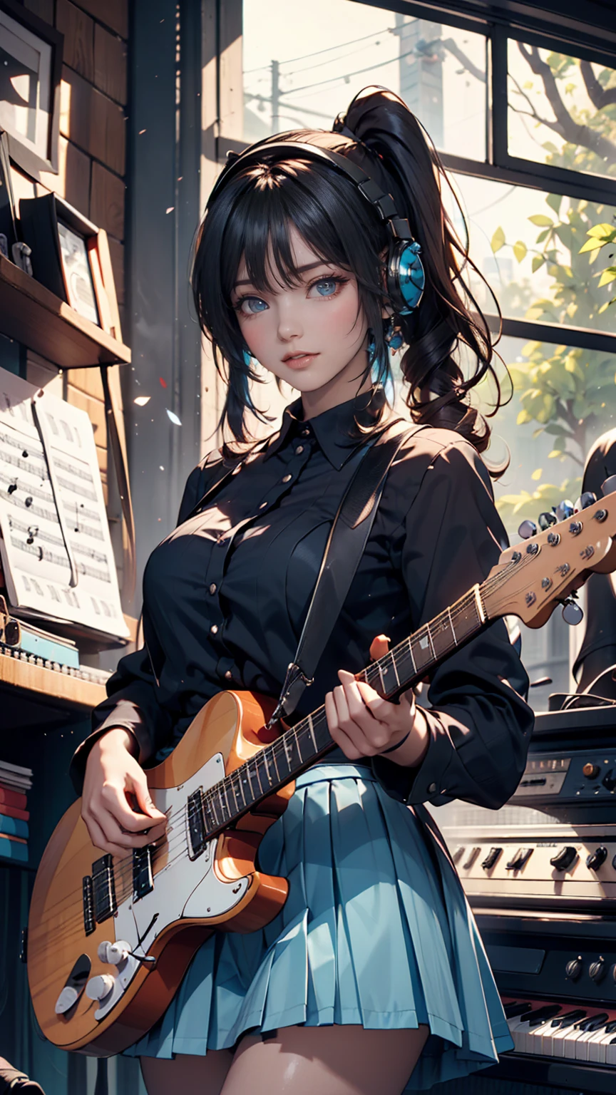 ((masterpiece, Highest quality))One girl, alone, Black Dress, blue eyes, electric guitar, guitar, Headphones, Double Ponytail, Holding, Holding plectrum, musical instrument, Long Hair, music, One side up, Turquoise Hair, Twin tails, guitarを弾く, Pleated skirt, Black Shirt, interior