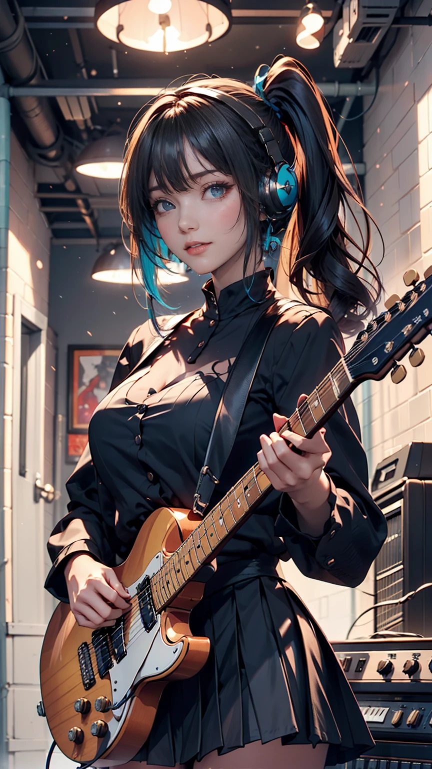 ((masterpiece, Highest quality))One girl, alone, Black Dress, blue eyes, electric guitar, guitar, Headphones, Double Ponytail, Holding, Holding plectrum, musical instrument, Long Hair, music, One side up, Turquoise Hair, Twin tails, guitarを弾く, Pleated skirt, Black Shirt, interior