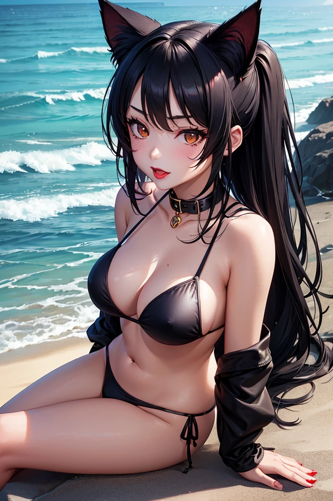 Detailed facial details,,1 girl,Red lips,Cat ear,Black long hair,chuckle,Wearing a pure black bikini,Large Breasts,Collar,Radiant Skin,Sitting on the beach,seaside