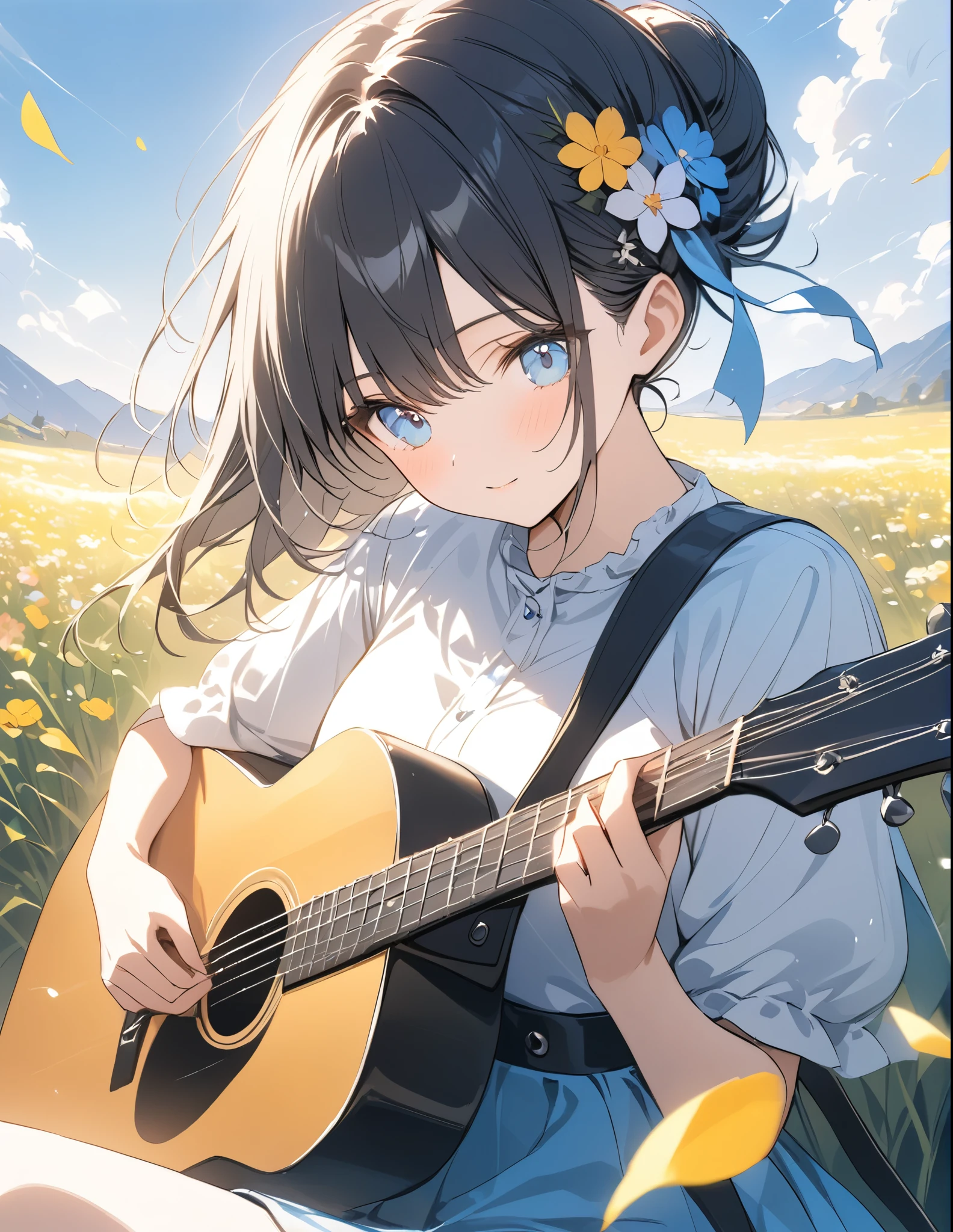 uhd, (masterpiece:1.2), best quality, highres, award winning, high details,Beautiful work、A girl playing guitar and singing in the grass、Sitting、The sky is blue and the flower fields and grasslands are impressive.,My hair is blowing in the wind、Petals scattered here and there、Black Hair、Messy bun、hair ornaments、Light production、Beautiful effects、Petals flutter
