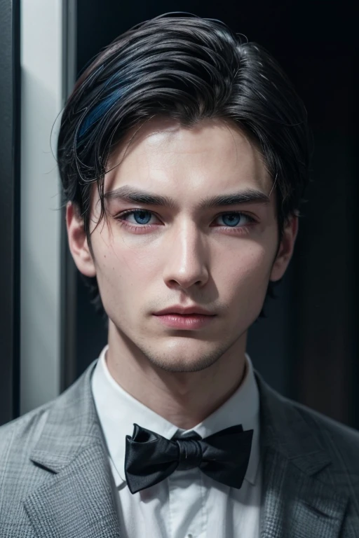 Create a man with dark, electric blue eyes, male short black hair, pink lips and high cheekbones. let it be high, with a slight growing beard and dominant aura, That he wears a suit and has white skin, that he is around 25 years old and has a defined jaw, and that he is masculine and wears a black suit., who has high cheekbones.