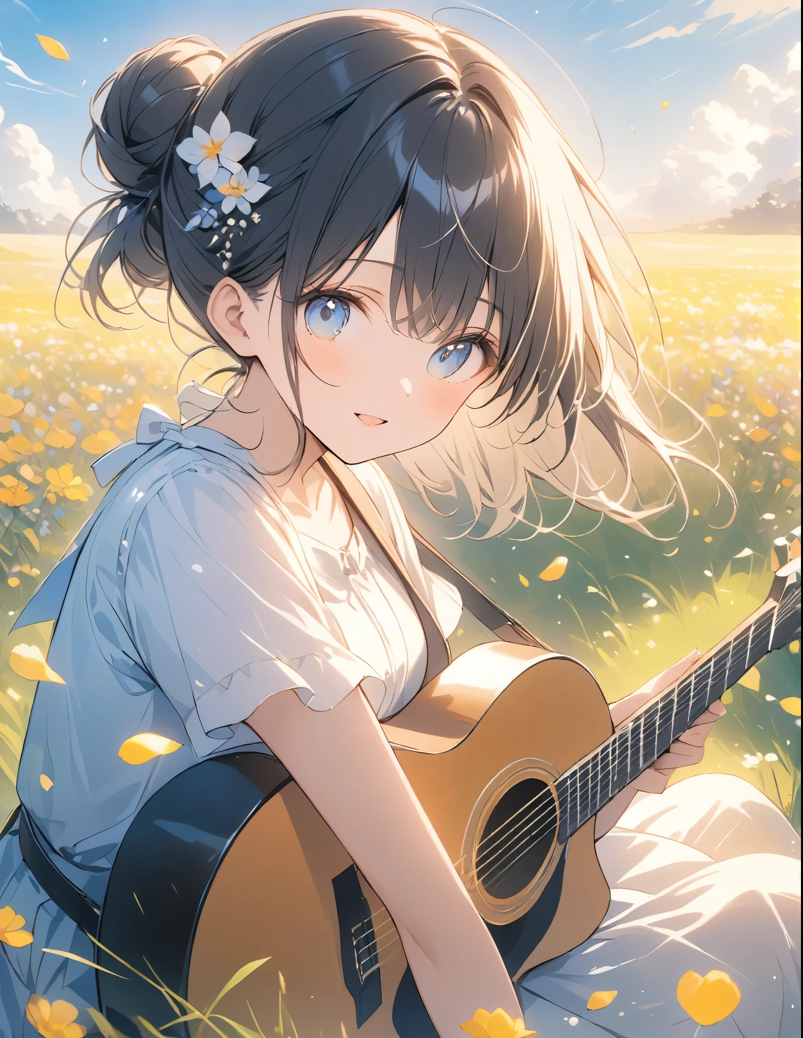 uhd, (masterpiece:1.2), best quality, highres, award winning, high details,Beautiful work、A girl playing guitar and singing in the grass、Sitting、The sky is blue and the flower fields and grasslands are impressive.,My hair is blowing in the wind、Petals scattered here and there、Black Hair、Messy bun、hair ornaments、Light production、Beautiful effects、Petals flutter
