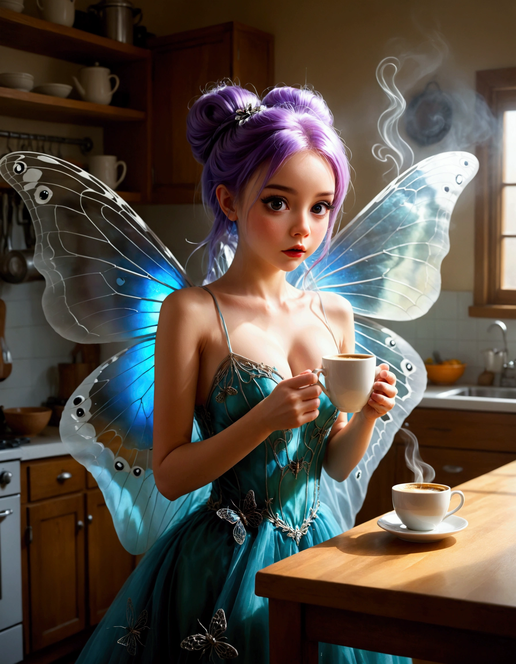 A cute fairy (crystalline butterfly wings, prismatic hair, large eyes, spider silk gown) is in the kitchen, she is taking a sip of coffee from a steaming hot cup, mischief in kitchen