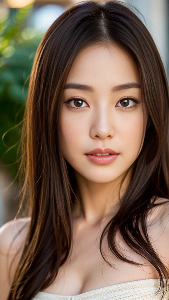 dark brown hair、light brown eyes、Japanese actress face、 lady、Iは彼に似ています&;I'Iは40歳くらいです.、(intricate details:1.2)、(highest quality:1.4)、 (ultra high resolution:1.2)、ultra high resolution、(fine eyes)、(detailed facial features)、ticker、8K resolution、D cup size breasts、long hair、singapore terrace restaurant、view of singapore、Sit comfortably on a sofa on the terrace of a cafe with a beautiful view..、relax、lean on the backrest、bright colored clothes、Deep sorrow、Relaxation pose、ソファにもたれかかる、