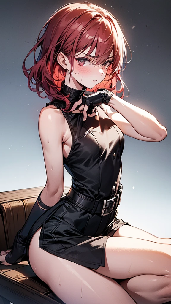 {{masterpiece}}, {{{Highest quality}}},{{Very detailed}},1girl,30years old,{Mature Woman}},Cowboy Shot,from side,{{Small breasts}},{{Female Fighter}},{{Shorts:1.4}},{{Sit on a chair and take a rest}},Slim body,{{Slender body}}、barefoot,{{A loose fitting white sleeveless tunic}}、Shorts belt black fingerless gloves Red Hair ruins,,{{v-shaped eyebrows}},Bad mood,blush、Sweat, View your viewers、short boots
