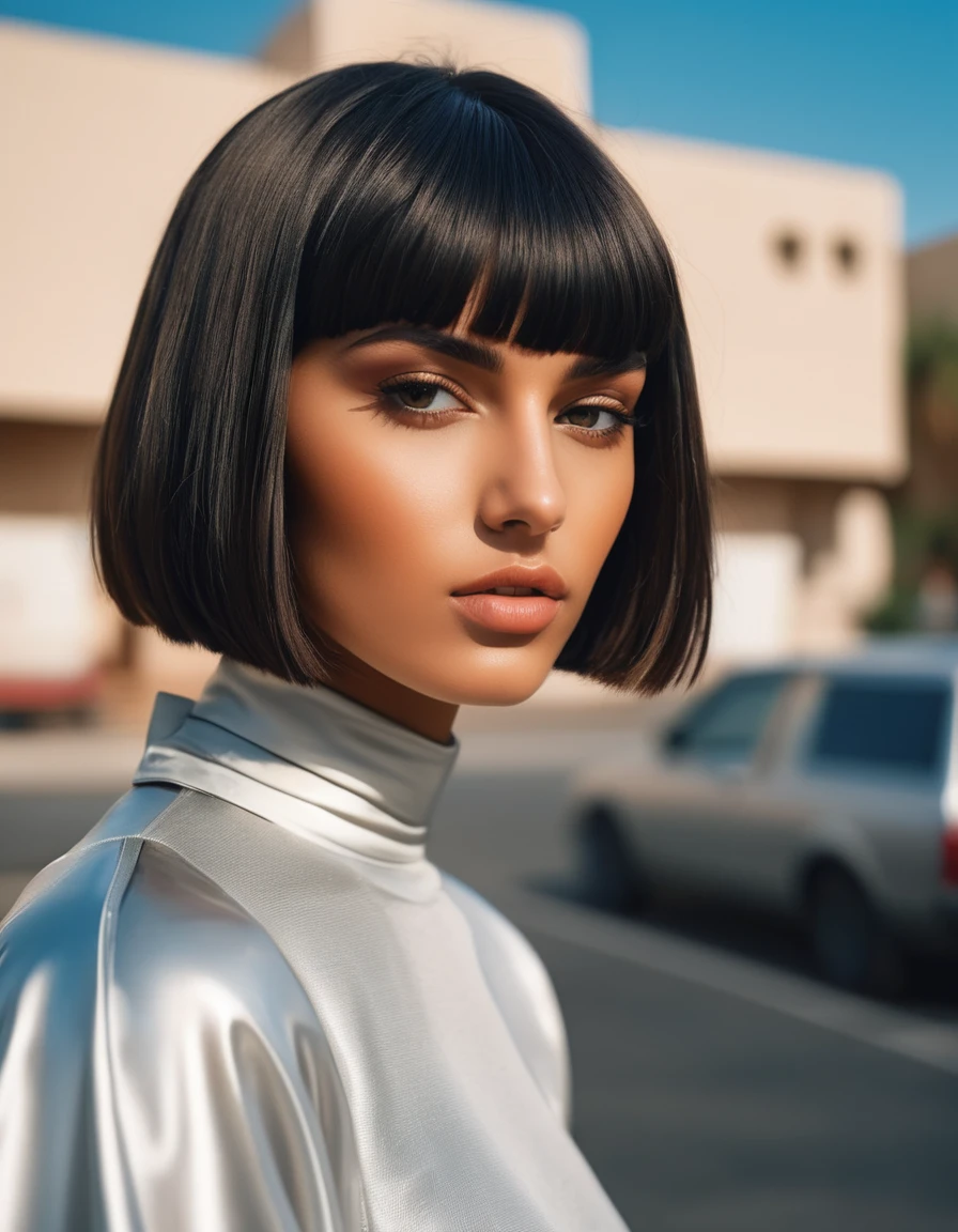 photograph, Foul Futuristic arabic Female Tanner, Visionary hair, Bowl cut hairstyle, near School, soft focus, Ultrarealistic, Normcore Art, VOGUE, film grain, Nikon Z9, F/8, four colors, [art by Léon Bakst, (art by Jarek Kubicki:0.7) :3], 