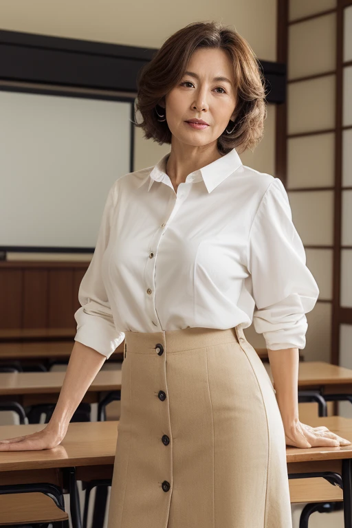 High resolution, High-level image quality, High definition, masterpiece, 8k, Anatomically correct, sharp,
Next to a desk in a school classroom,
((Japanese Mature, 90 years old)), One person,, Shapely big breasts, Soft, light brown hair with a straight perm that reaches down to the shoulders, Slim figure, Mouth closed and serious face,
(((Standing upright and looking at the viewer))),
(White shirt with transparent collar and buttons for summer, White Skirt, ),
Beautiful shins, ((Composition from knee to head))