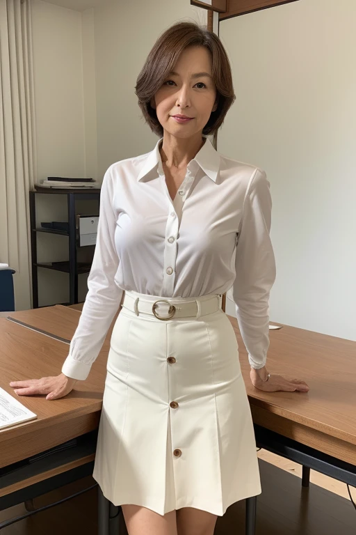 High resolution, High-level image quality, High definition, masterpiece, 8k, Anatomically correct, sharp,
Next to a desk in a school classroom,
((Japanese Mature, 90 years old)), One person,, Shapely big breasts, Soft, light brown hair with a straight perm that reaches down to the shoulders, Slim figure, Mouth closed and serious face,
(((Standing upright and looking at the viewer))),
(White shirt with transparent collar and buttons for summer, White Skirt, ),
Beautiful shins, ((Composition from knee to head))