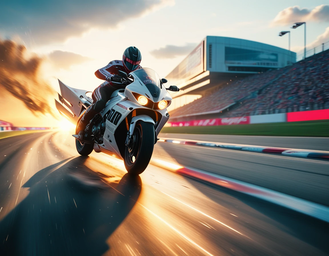 score_9, score_8_top, score_7_top, score_6_top, score_5_top,  dynamic, 1 professional motorcycle racer riding a motorcycle, summer day racetrack, harsh sunlight, motorsports, racing, sports event, action, motion blur, dynamic pose, intense, adrenaline, sweat, dust, speed, energy, vibrant colors, dramatic lighting, cinematic, heroic, epic, masterpiece, glowneon