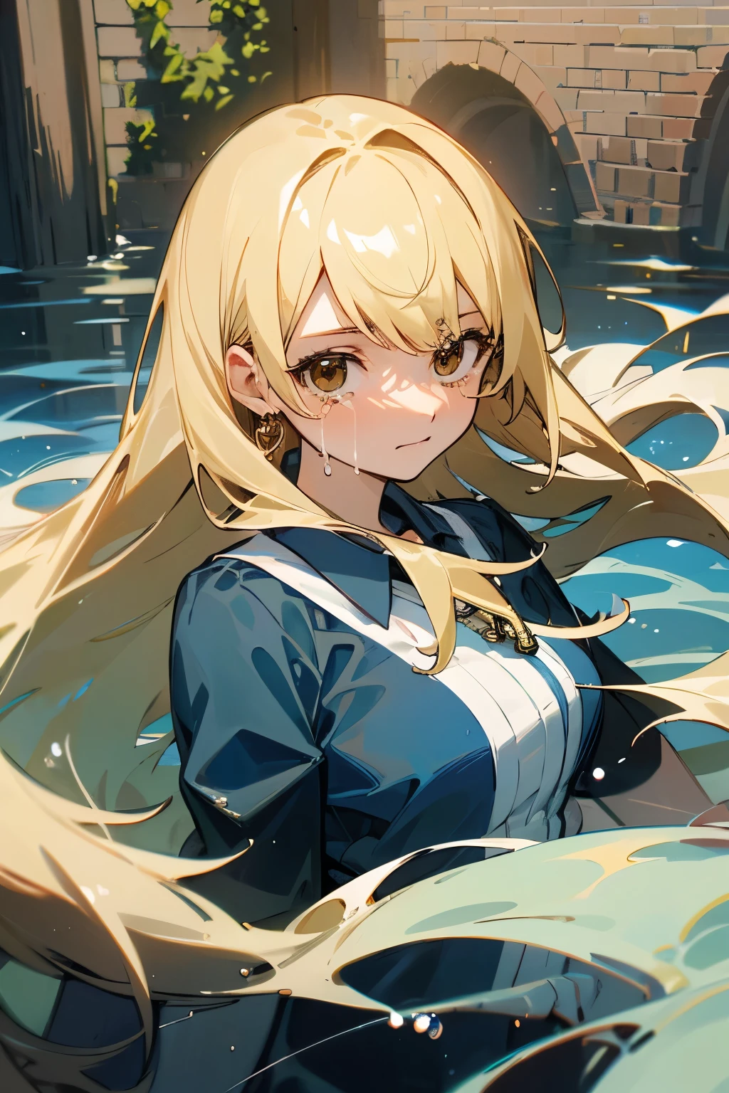 ((Better Quality)), ((Artwork)), (be familiar with), Facing forward、Cry、Insert the key、Crying, I stick my keys in the water、完璧なface、face、masterpiece, Highest quality, High resolution, Drifters, Blonde Hair, Brown eyes, Long Hair, Blue Shirt, No sleeve,, She is water