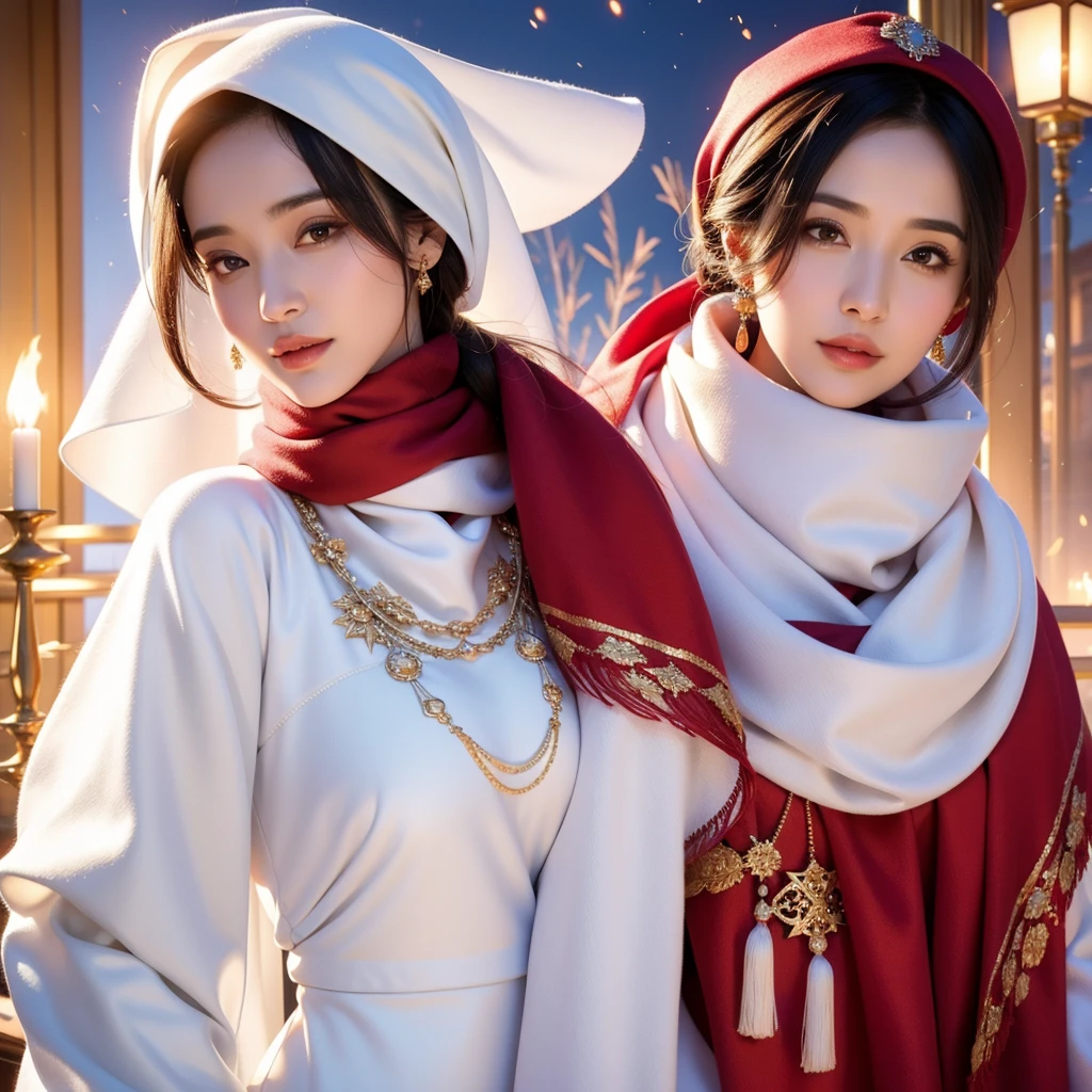 arafed woman in a white and gold dress and a red scarf, beautiful oriental woman, white hijab, wonderful, wearing a luxurious silk cloak, portrait shot, traditional beauty, captured on canon eos r 6, arabian beauty, beautiful arab woman, gorgeous lady, dilraba dilmurat, flowing golden scarf, hijab, ao dai, beautiful asian girl, fanart