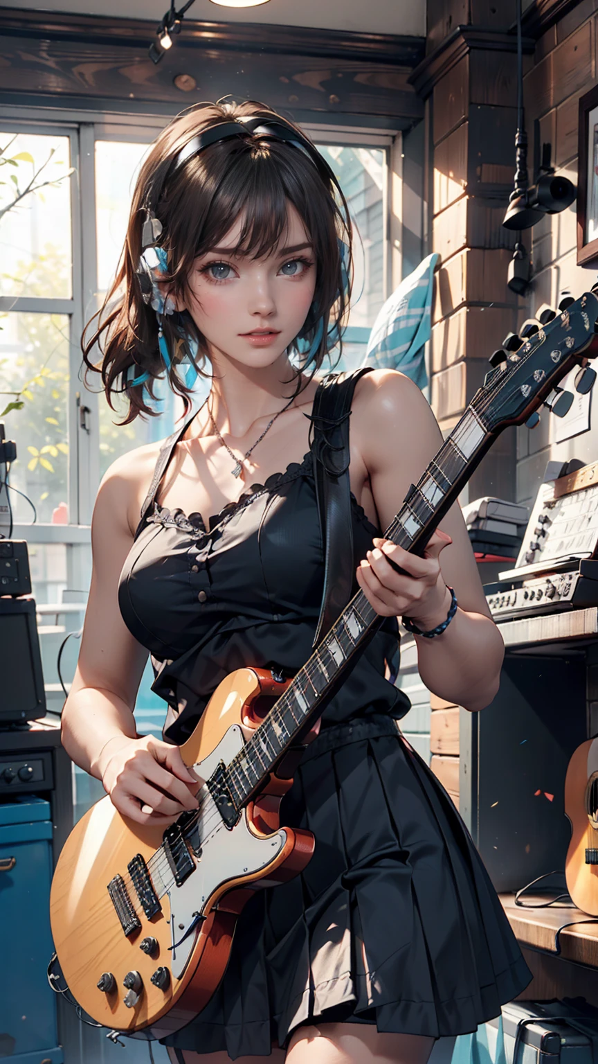 ((masterpiece, Highest quality))One girl, alone, Black Dress, blue eyes, electric guitar, guitar, Headphones, Double Ponytail, Holding, Holding plectrum, musical instrument, Long Hair, music, One side up, Turquoise Hair, Twin tails, guitarを弾く, Pleated skirt, Black Shirt, interior