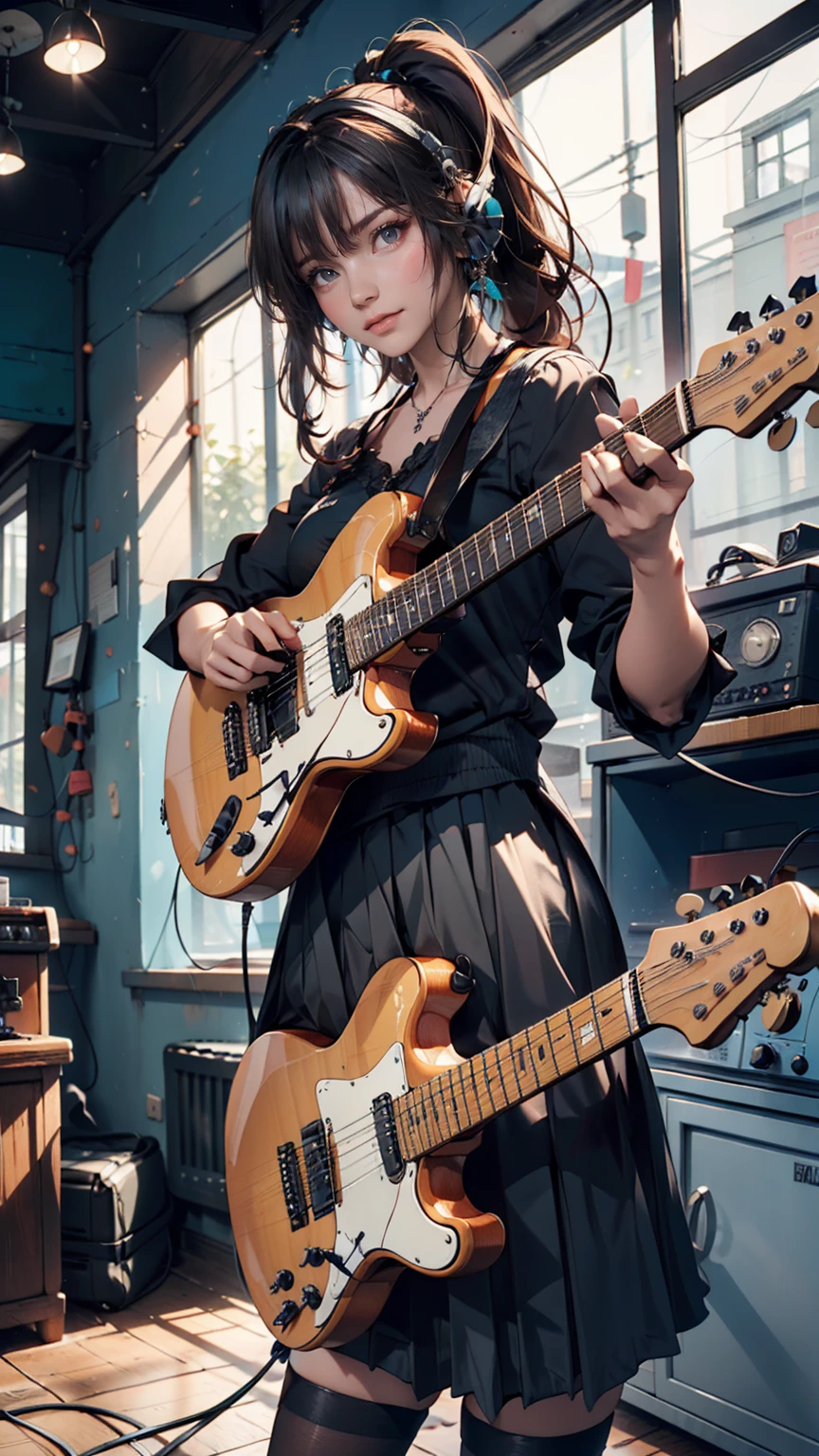 ((masterpiece, Highest quality))One girl, alone, Black Dress, blue eyes, electric guitar, guitar, Headphones, Double Ponytail, Holding, Holding plectrum, musical instrument, Long Hair, music, One side up, Turquoise Hair, Twin tails, guitarを弾く, Pleated skirt, Black Shirt, interior