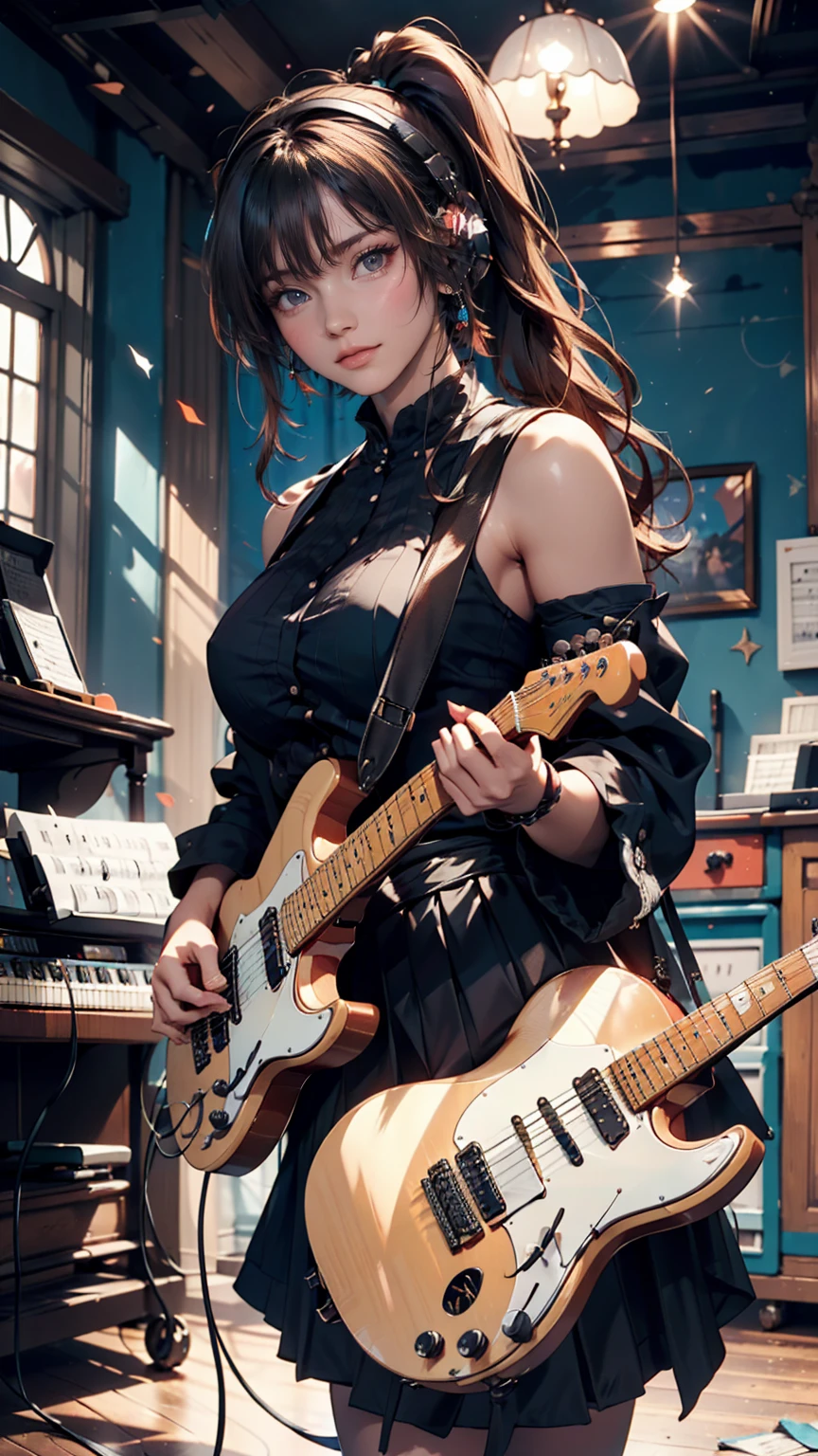 ((masterpiece, Highest quality))One girl, alone, Black Dress, blue eyes, electric guitar, guitar, Headphones, Double Ponytail, Holding, Holding plectrum, musical instrument, Long Hair, music, One side up, Turquoise Hair, Twin tails, guitarを弾く, Pleated skirt, Black Shirt, interior