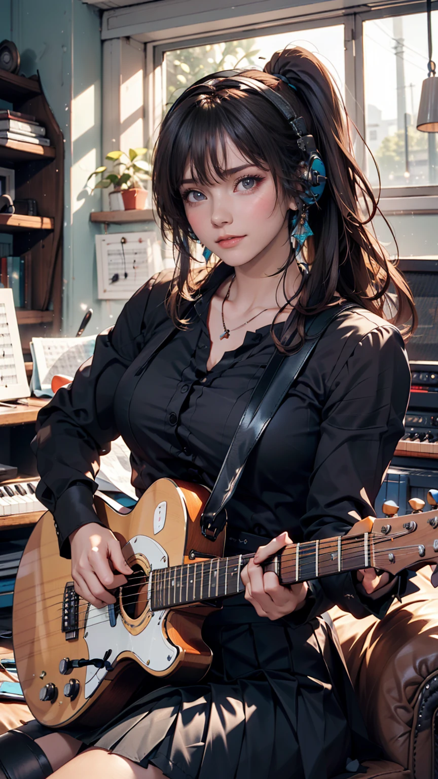 ((masterpiece, Highest quality))One girl, alone, Black Dress, blue eyes, electric guitar, guitar, Headphones, Double Ponytail, Holding, Holding plectrum, musical instrument, Long Hair, music, One side up, Turquoise Hair, Twin tails, guitarを弾く, Pleated skirt, Black Shirt, interior