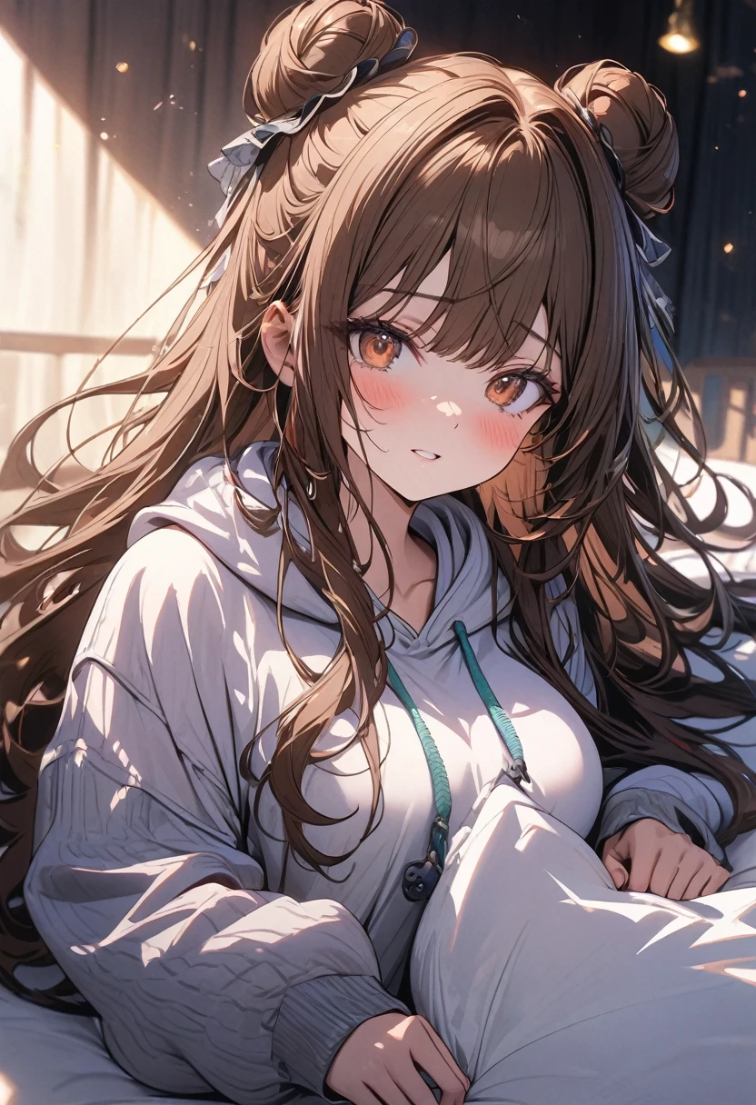 (masterpiece), best quality, very aesthetic, newest, absurdres, detailed, high quality
BREAK
highest quality, top quality, details, highres, ultra fine painting, digital art, official art, splash art, cinematic, 4k, 8k resolution, 8K CG wallpaper, original artwork, detailed background, High Dynamic Range, lens flare, blurry background, Starburst effects, crepuscular rays, good ISO, high resolution, wide shot, from far away, POV, sharp focus, light reflection, reflections, intricate details, soft light, particle noise, professional photography, bokeh, depth of field, studio lighting, vibrant colors, detailed lights and shadows, stylish, ultra-detailed, top rated on Pixiv, trending on Artstation, niji style, master crafted, pose
BREAK
solo, (close up), from above, 1girl, pale skin, correct fingers, detailed hand, (big toned breasts:1.2), big thighs, small torso, short body, flushtered, blush, anxious expression, embarassed, embarassed act, casual, slim, ((cute, childlike face):1.3), nice body, nice hips, brown hair, (very long flowing hair, 2 buns hairstyle), long bangs, long hair, middle hair bangs, brown eyes
BREAK
((oversized hoodie), one-piece hoodie, comfortable vibe, modest, full body shot)
BREAK
(Full bed sheets background, (the subject is in a laying down position on the bed with her head placed on a pillow)), messy bedsheets, pillows