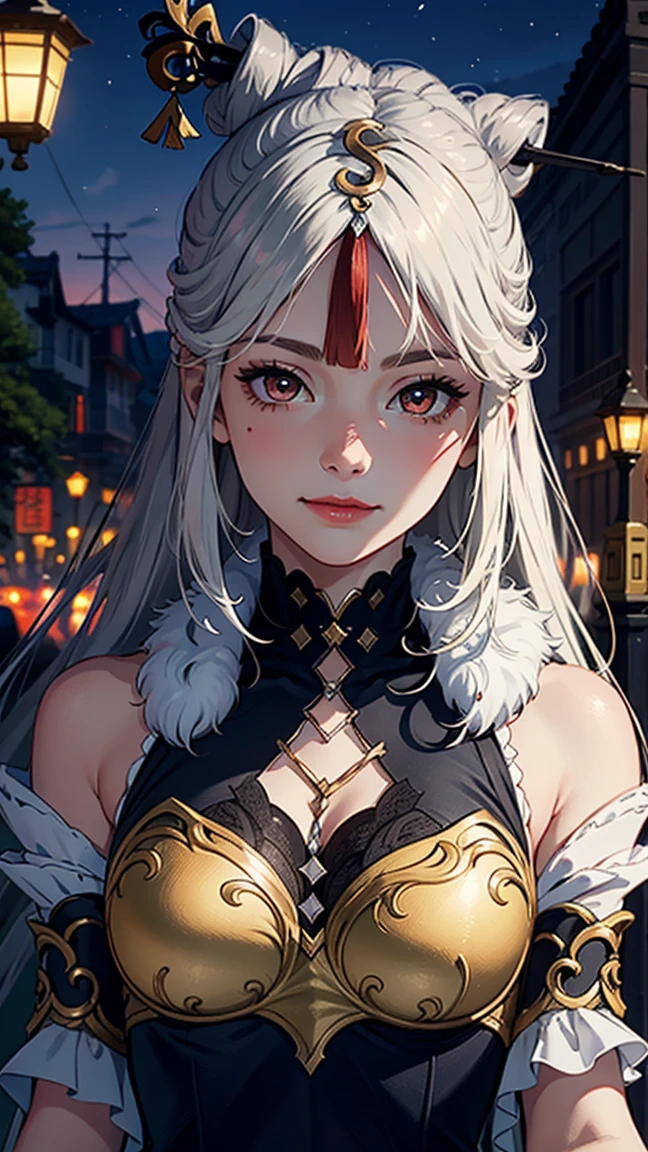 masterpiece, high quality, 8K,Detailed body, Extremely detailed, Delicate face, permanent, blush, Bright Eyes, outdoor, (Detail face), ningguangdef, (),(night), Half Body, Smile,