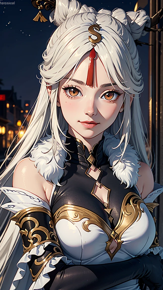 masterpiece, high quality, 8K,Detailed body, Extremely detailed, Delicate face, permanent, blush, Bright Eyes, outdoor, (Detail face), ningguangdef, (),(night), Half Body, Smile,