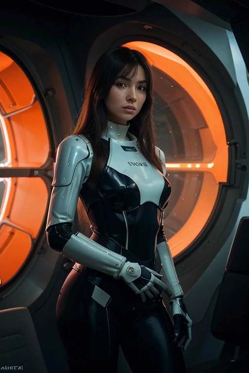 image of a woman in a futuristic suit against the background of a spaceship, Cinematography, on an orange background, Inspired by Robert McGinnis, Female protagonist, Megastructure in the background, portrait of an astronaut with artificial intelligence, astronauts, astronaut, portrait of a skeleton astronaut, perfect android girl, Frank Franzeta and Sakimichan  