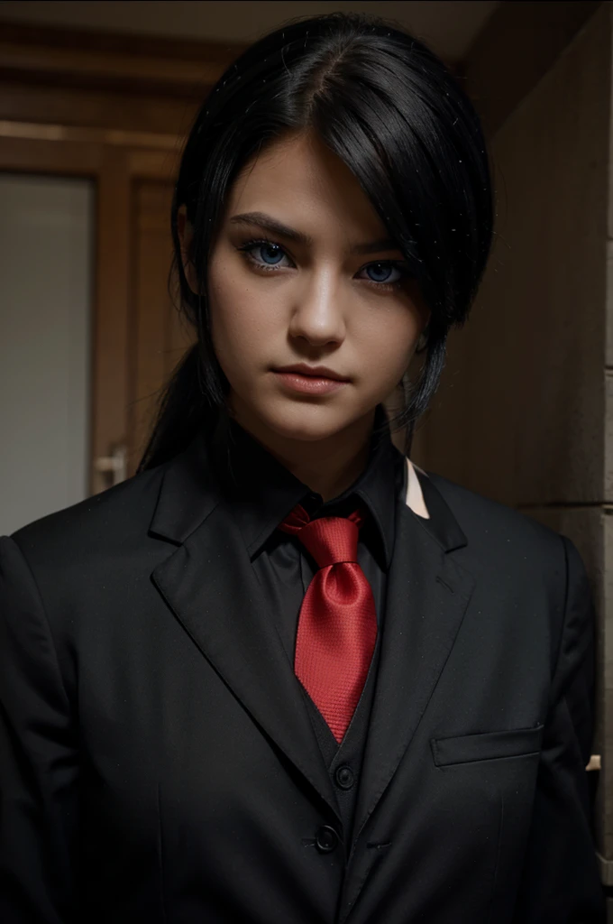 In black suit Minecraft character blue eyes and red tie black hair