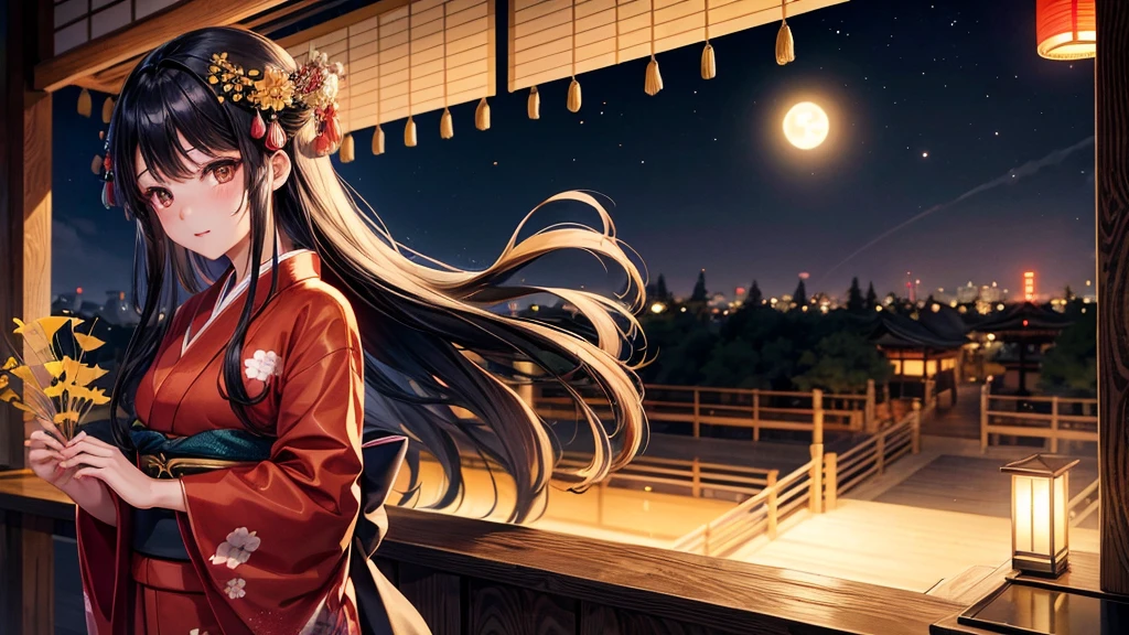 One girl, Long black hair, Brown eyes, Wearing a beautiful Japanese kimono, Gingko tree, Japanese Festivals,night,High resolution, Super sharp, 8k, masterpiece, View your viewers